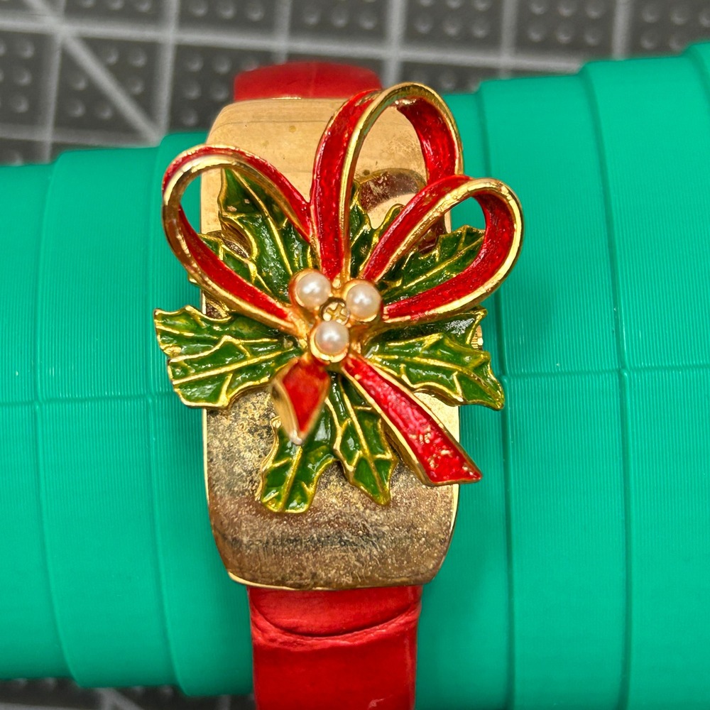 KESSARIS Gold Tone Christmas Holly Bow Quartz Watch Red Cuff‎ Band